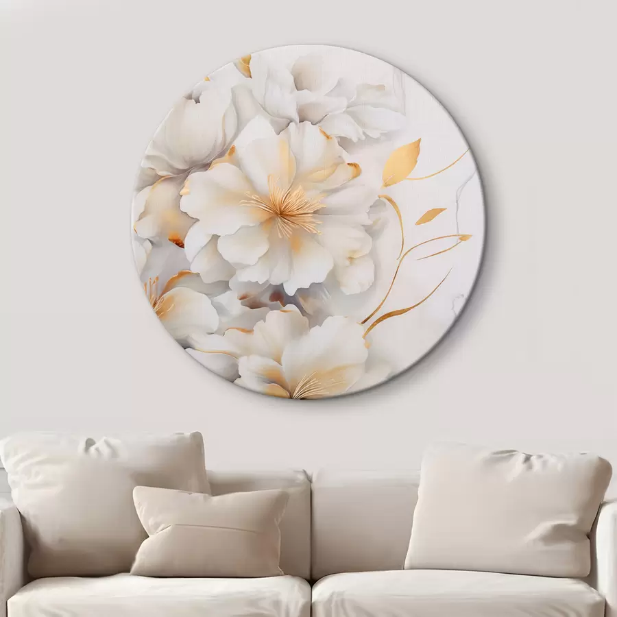  Schilderijen Witte bloemen met gele details, bloemblaadjes met subtiele schaduwen, lichte achtergrond met subtiel marmereffect r46292