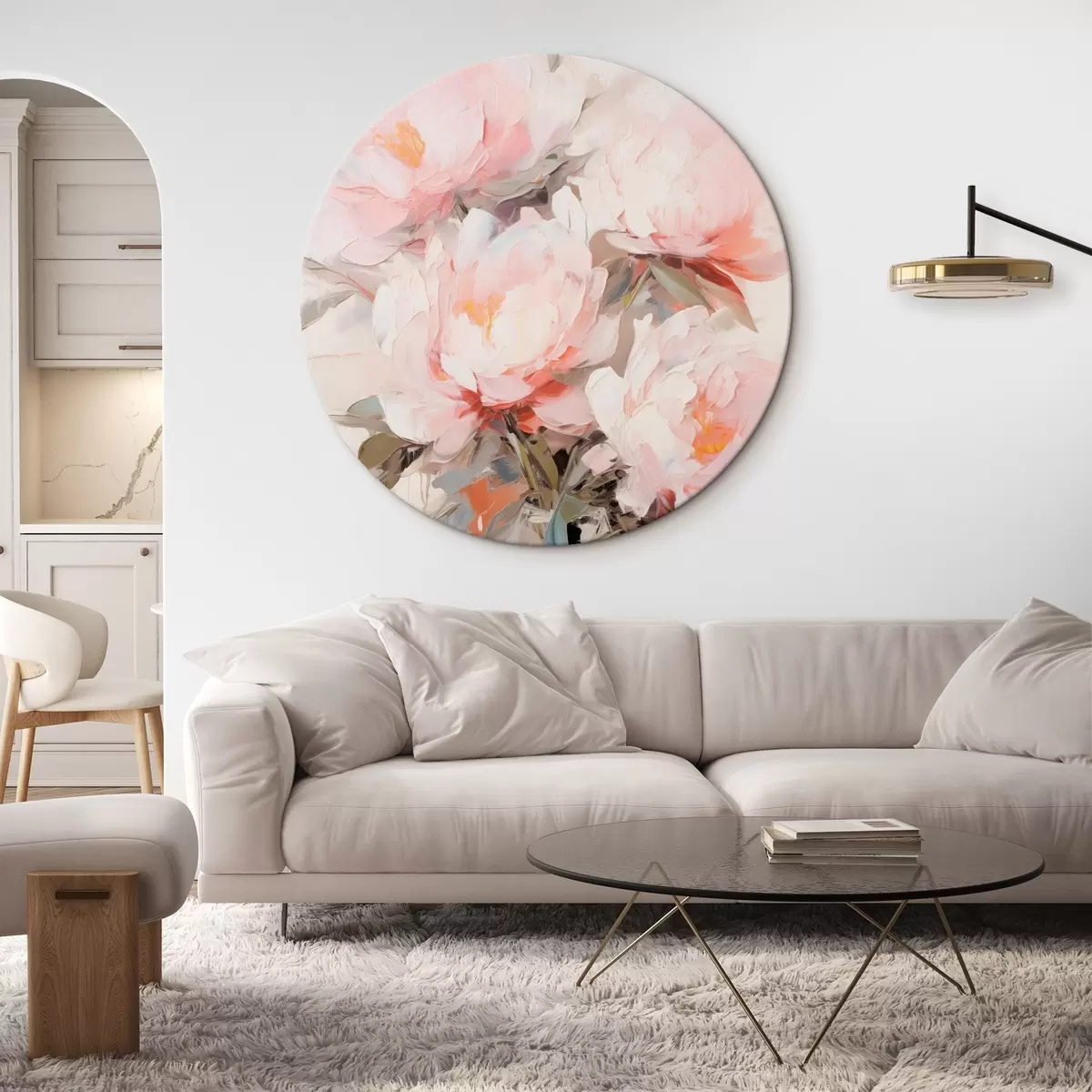 Ronde schilderijen Een boeket roze en witte pioenrozen in een glazen vaas, zachte penseelstreken, pastelkleuren, neutrale achtergrond r46295