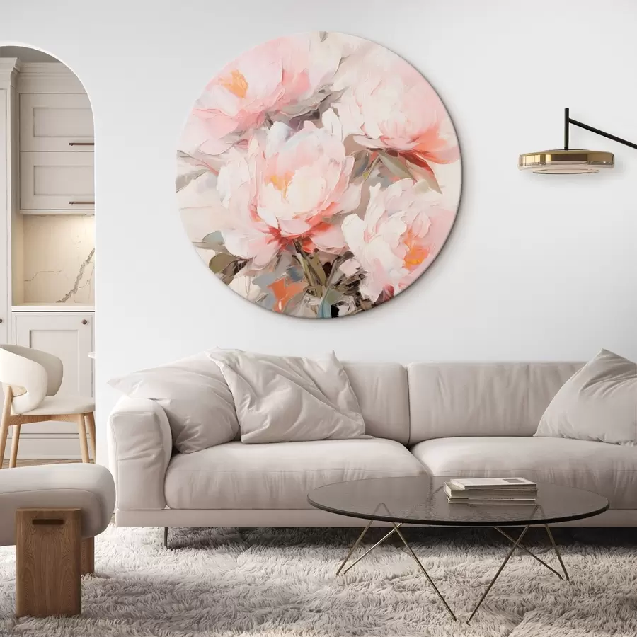  Schilderijen Een boeket roze en witte pioenrozen in een glazen vaas, zachte penseelstreken, pastelkleuren, neutrale achtergrond r46295