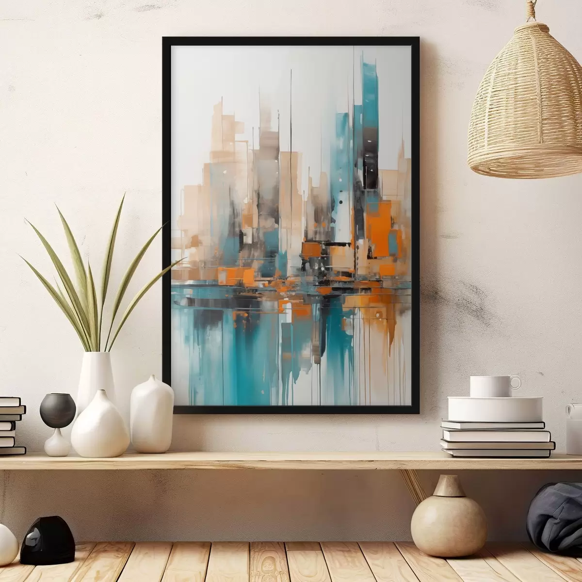 Poster Abstract stadsgezicht met oranje, blauwgroene en bruine verticale penseelstreken en geometrische vormen f46266