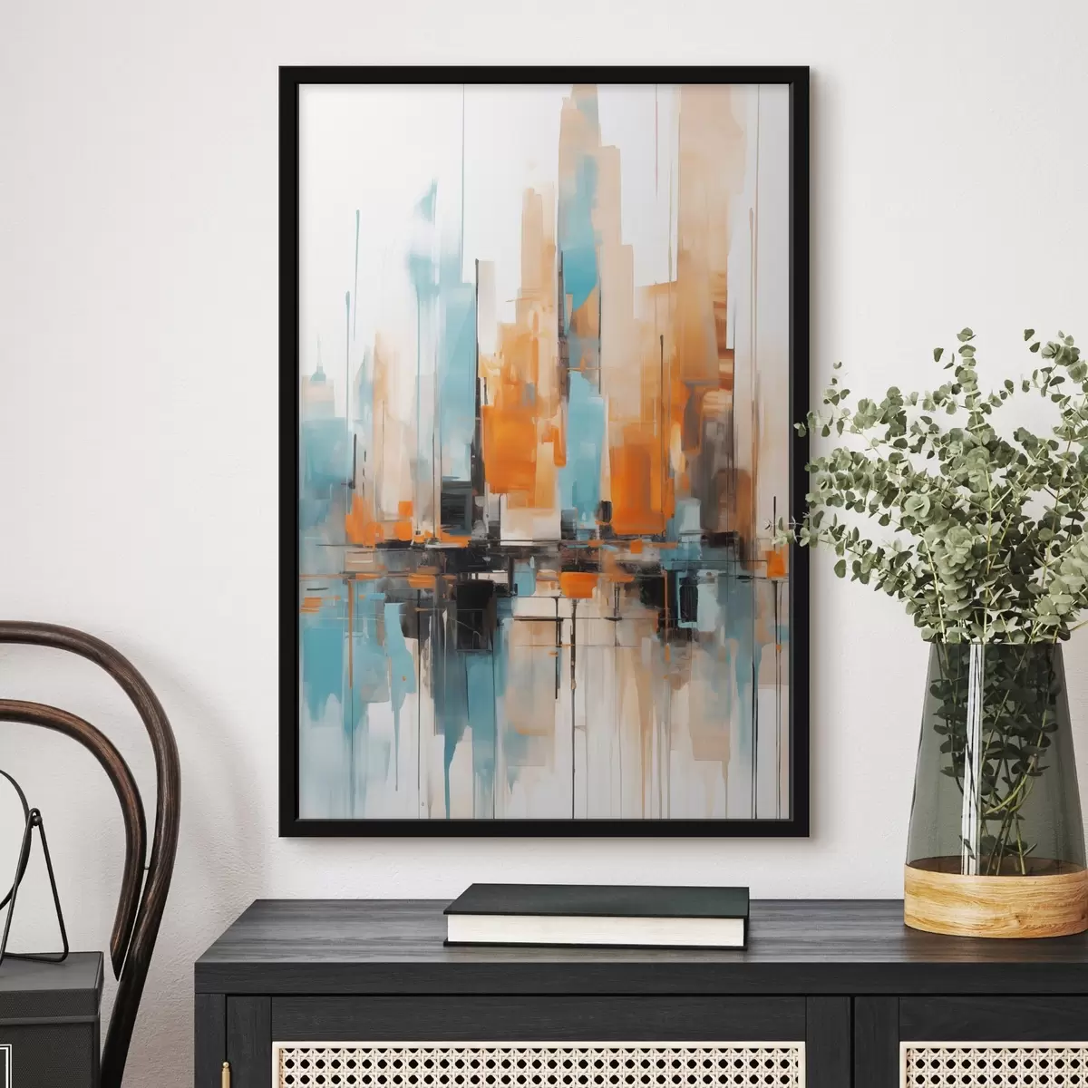 Poster Abstract stadsgezicht met verticale penseelstreken in tinten oranje, blauw en wit, schilderstijl f46267