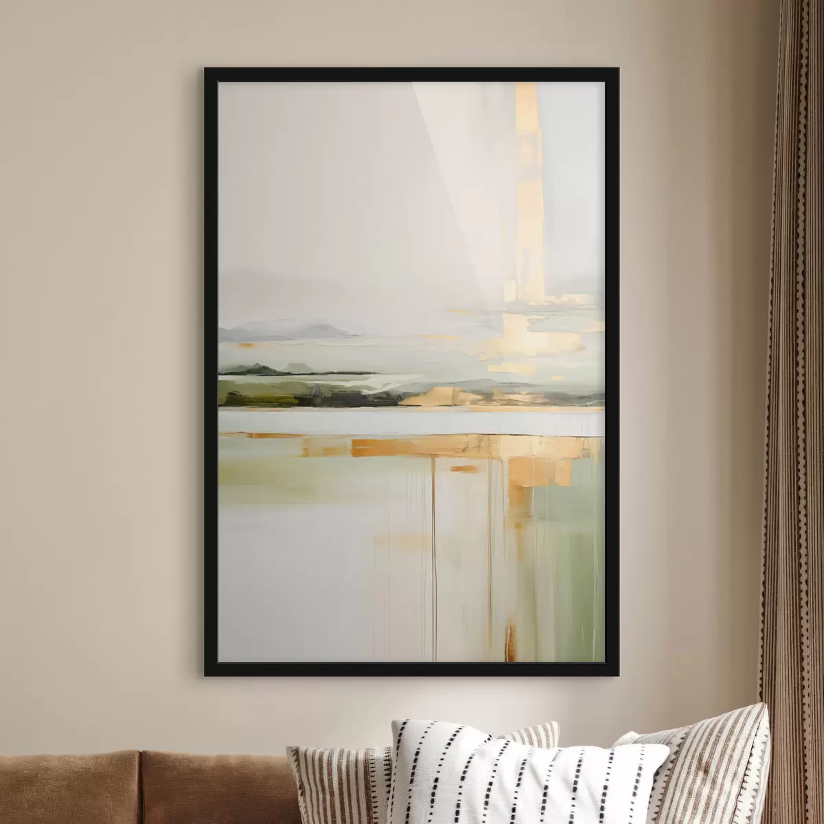 Poster Abstract landschap met gele accenten, een minimalistische compositie van land, water en lucht, met gedempte kleuren f46268