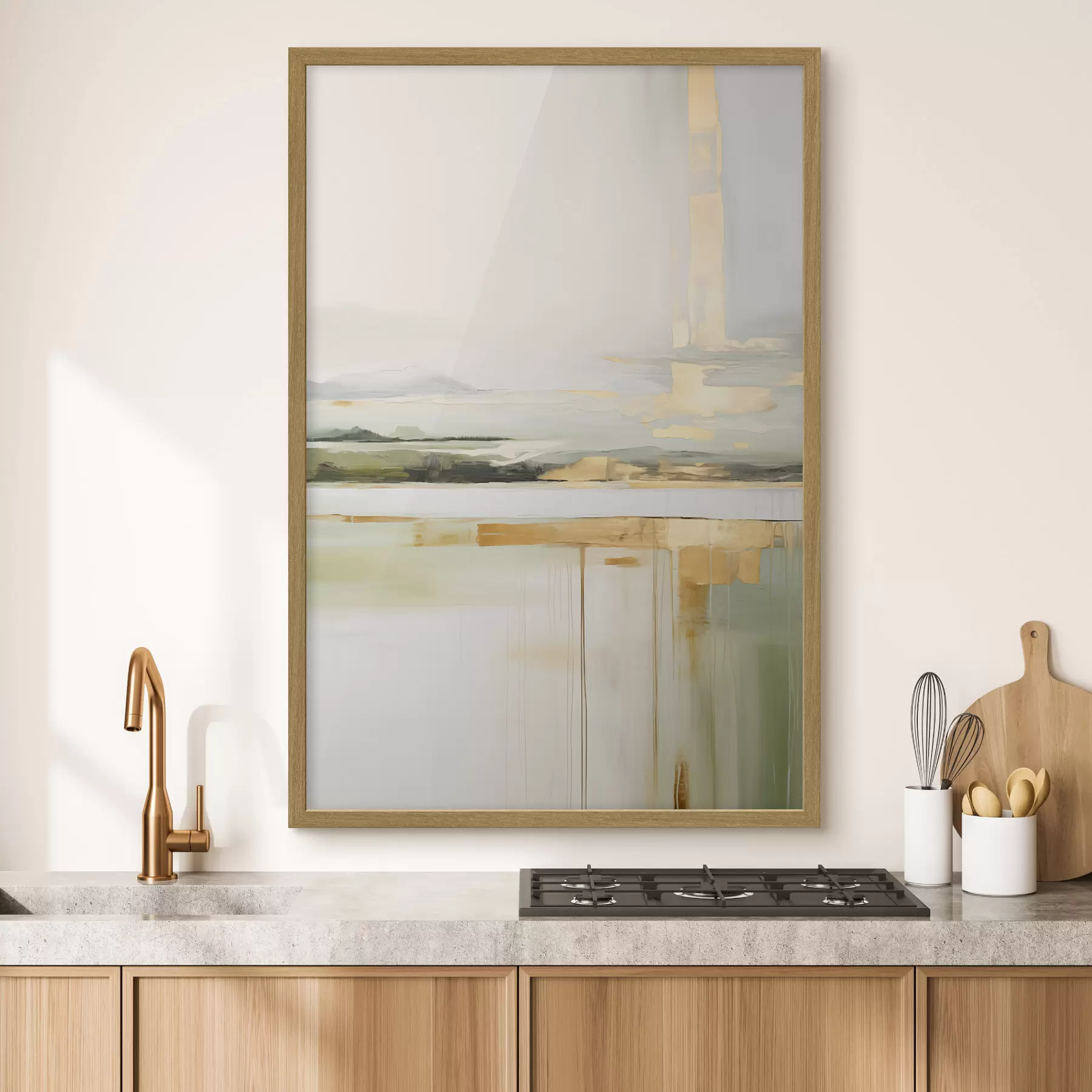 Fotobehang Abstract landschap met gele accenten, een minimalistische compositie van land, water en lucht, met gedempte kleuren f46268