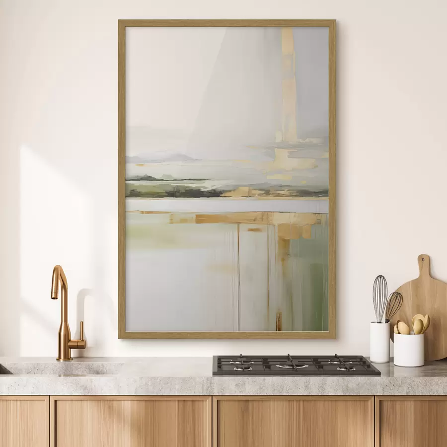 Fotobehang Abstract landschap met gele accenten, een minimalistische compositie van land, water en lucht, met gedempte kleuren f46268
