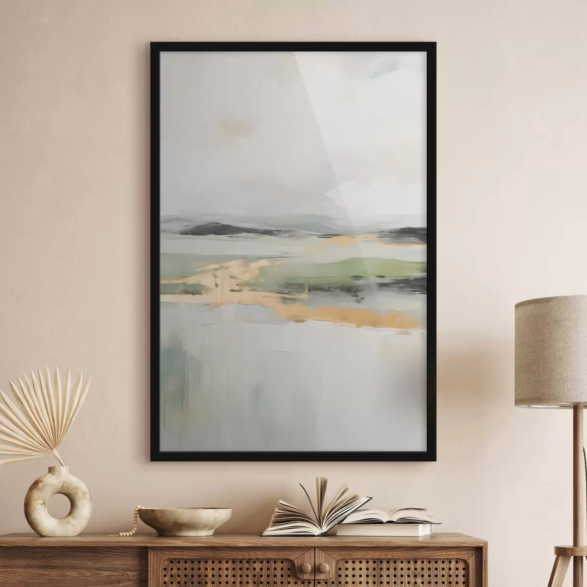 Poster Abstract landschap met gele accenten, een minimalistische compositie van land, water en lucht, met gedempte kleuren f46269