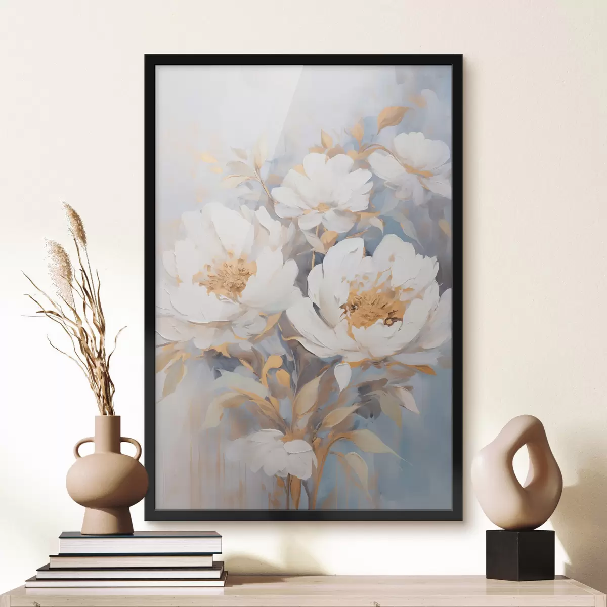 Poster Witte pioenrozen met blauwe hartjes en bladeren, zachte penseelstreken, lichtblauwe achtergrond, bloemstuk f46270