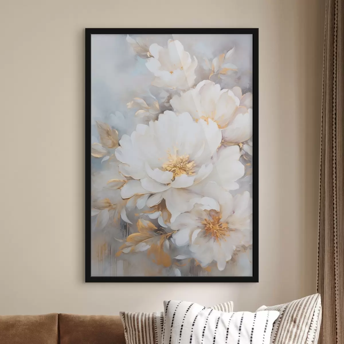 Poster Witte pioenrozen met blauwe hartjes en bladeren, zachte penseelstreken, lichtblauwe achtergrond, bloemstuk f46271