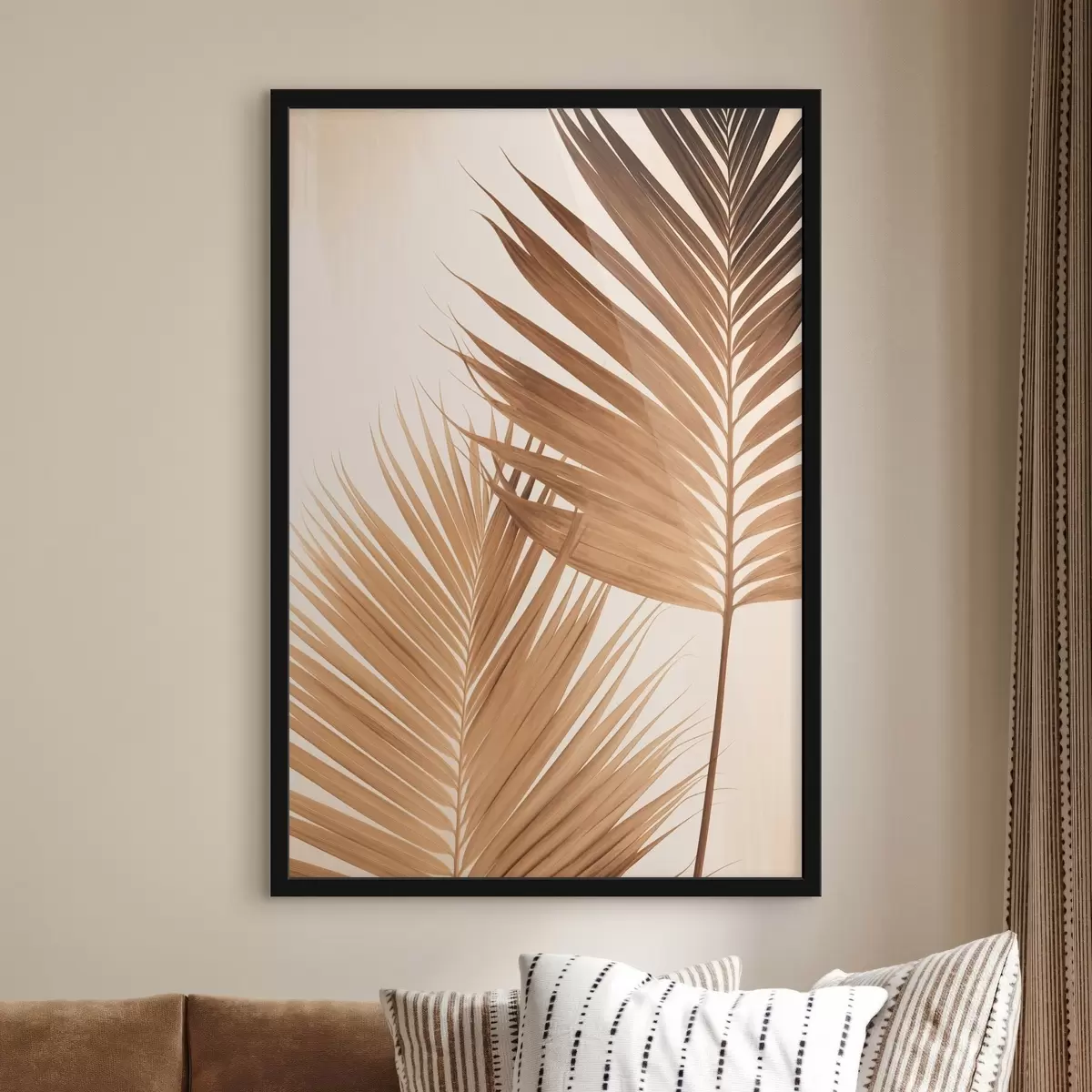 Poster Palmbladeren in bruine tinten, neutrale achtergrond, minimalistische stijl, natuurlijke belichting, tropische sfeer f46274