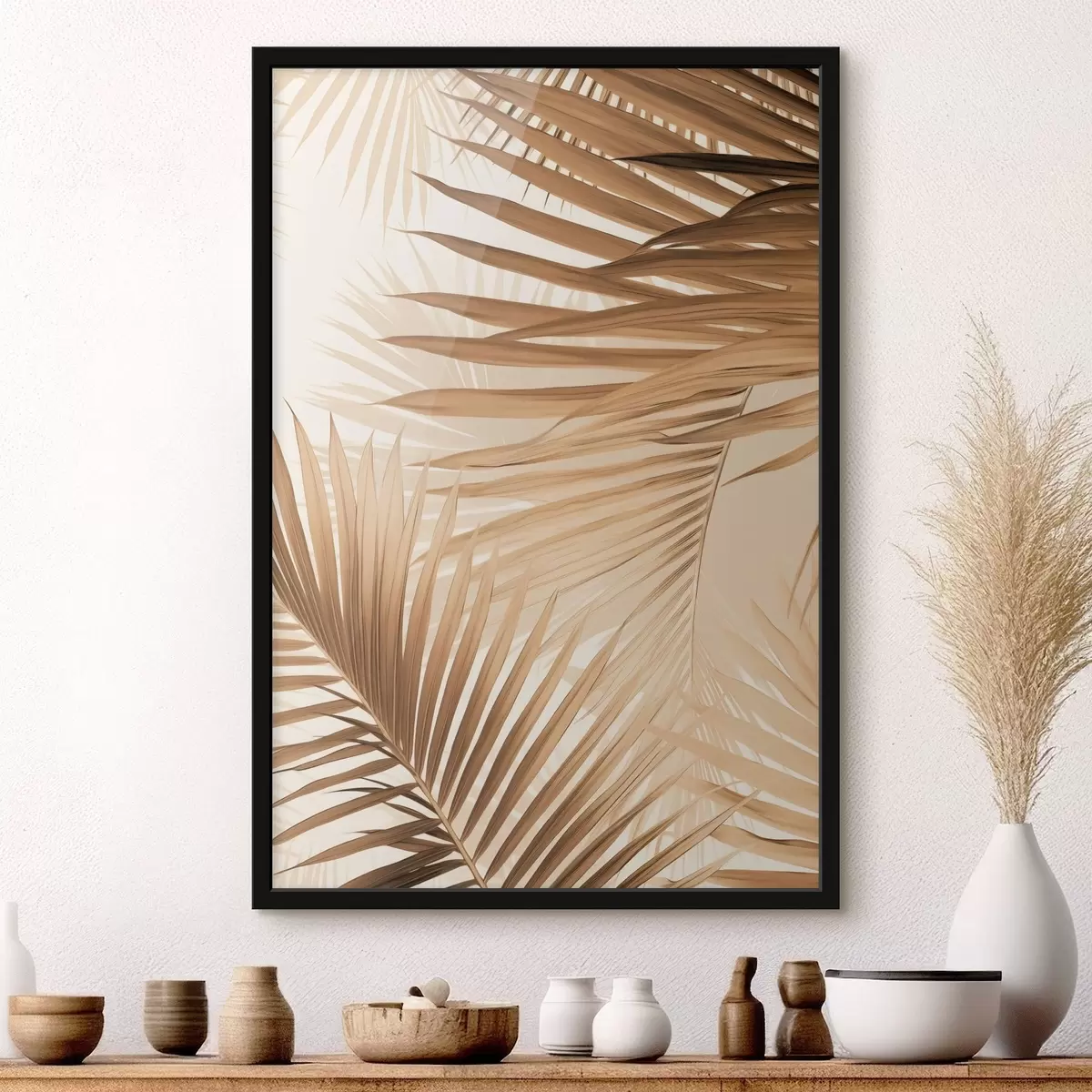 Poster Abstracte palmbladeren in bruine tinten, tropisch, botanisch, natuur, minimalistisch, elegant, modern design f46275