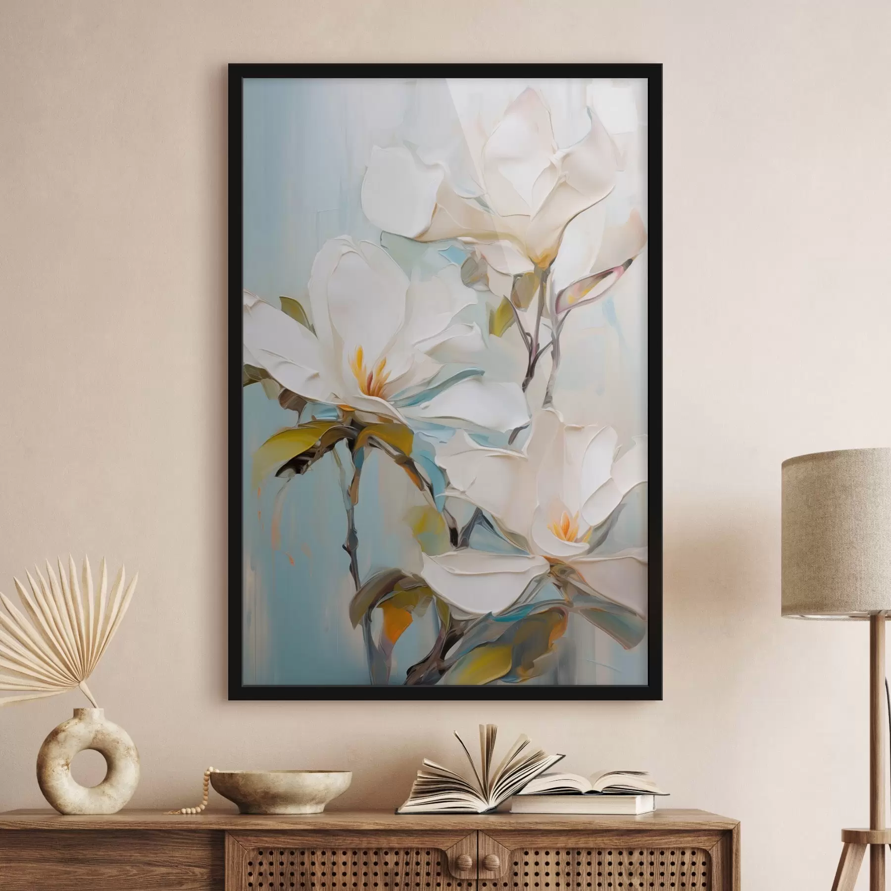 Fotobehang Witte magnoliabloemen, lichtblauwe achtergrond met zachte penseelstreken, olieverfstijl, impasto-textuur f46276