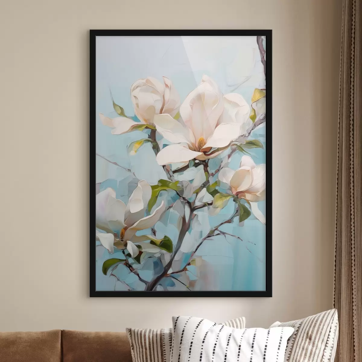 Poster Witte magnoliabloemen, lichtblauwe achtergrond met zachte penseelstreken, olieverfstijl, impasto-textuur f46277