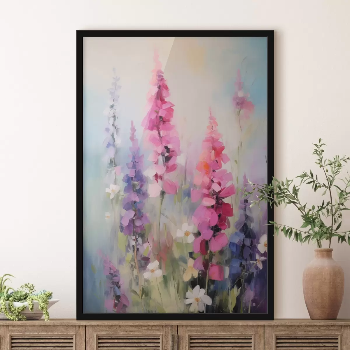 Poster Roze en paarse bloemen met witte madeliefjes in een veld, zachte penseelstreken, pastelkleuren, impressionistische stijl f46279