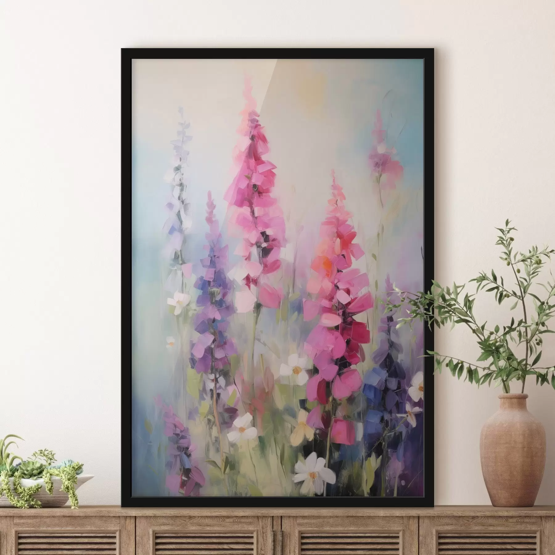 Fotobehang Roze en paarse bloemen met witte madeliefjes in een veld, zachte penseelstreken, pastelkleuren, impressionistische stijl f46279