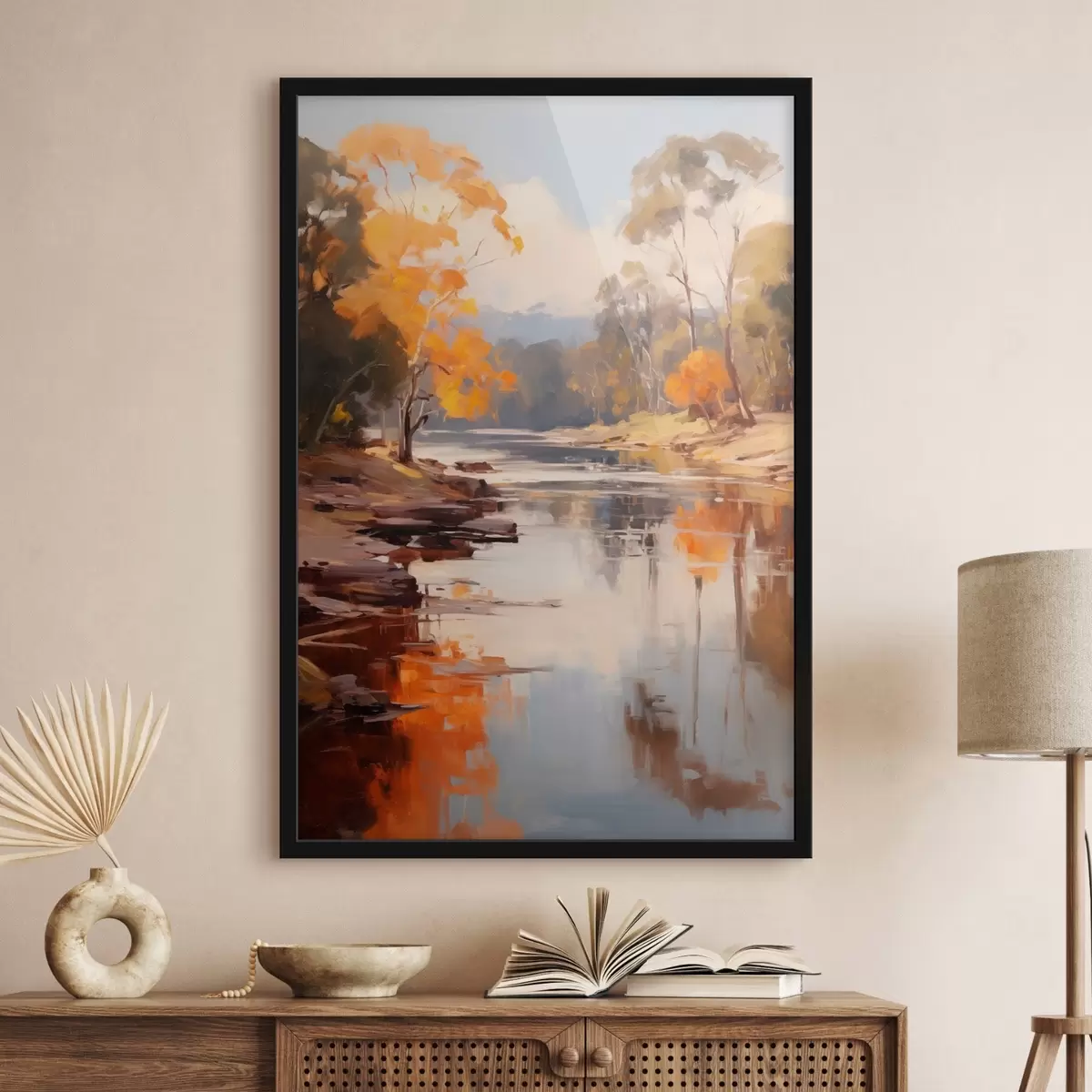 Poster Herfstlandschap, rivier met bomen aan de oever, bos op de achtergrond, weerspiegelingen op het water f46280