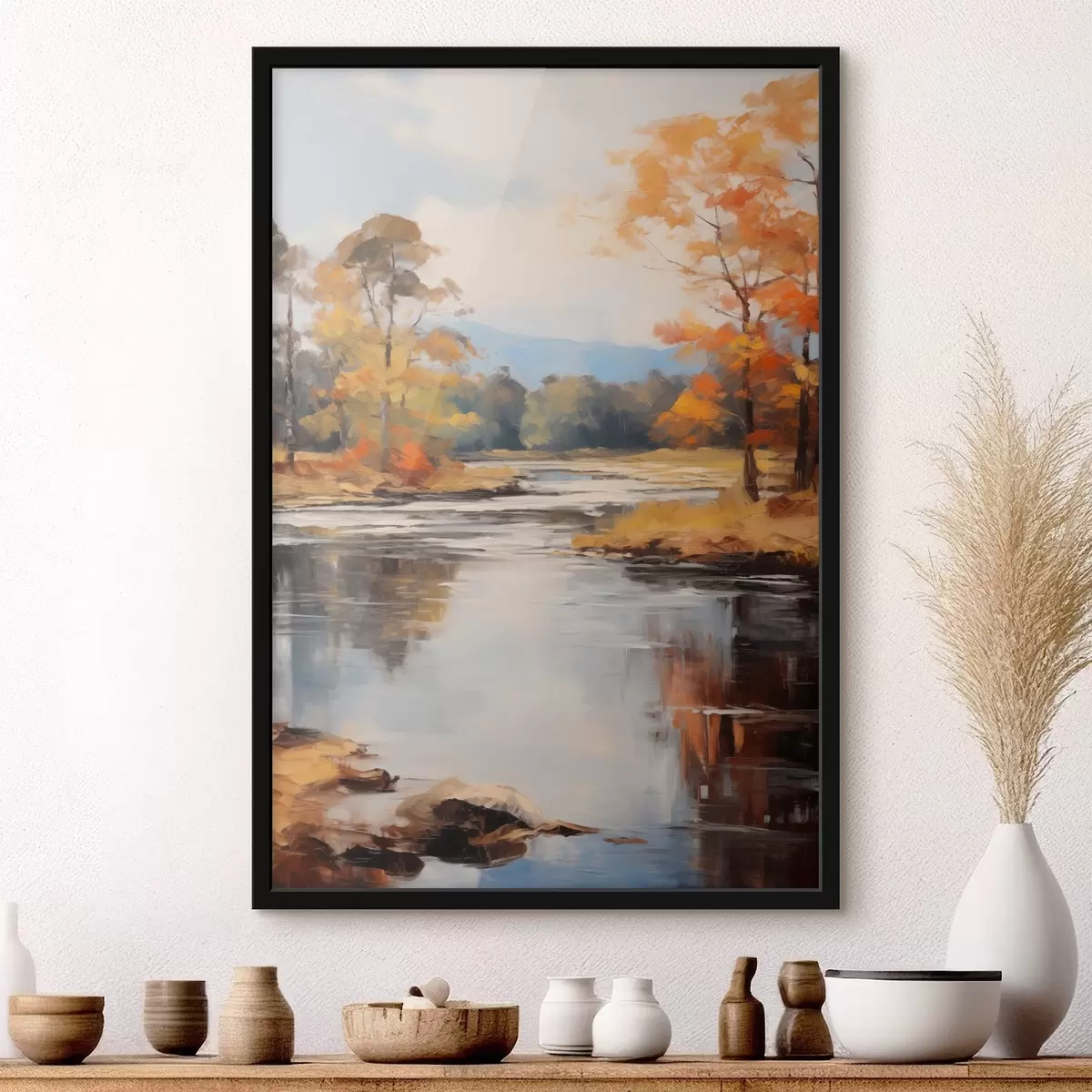 Poster Landschap met een rivier die door een bos stroomt in de herfst, gele en oranje bomen, schilderstijl f46281