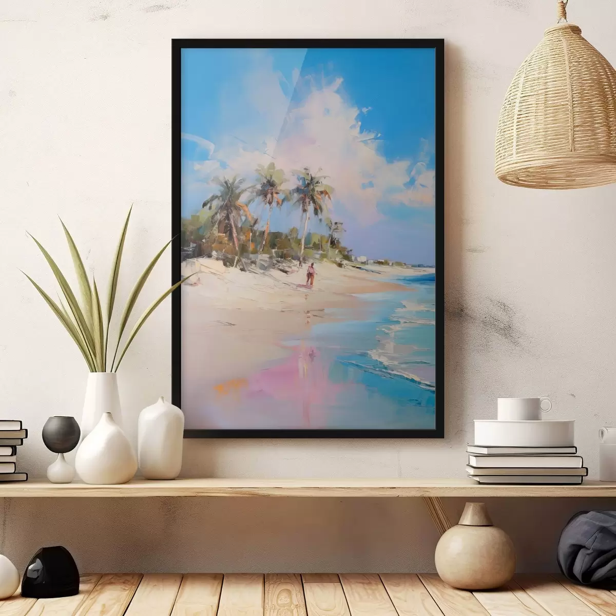 Poster Abstract landschap, een strand met palmbomen, heldere zonnige dag met een blauwe lucht en enkele wolken f46284