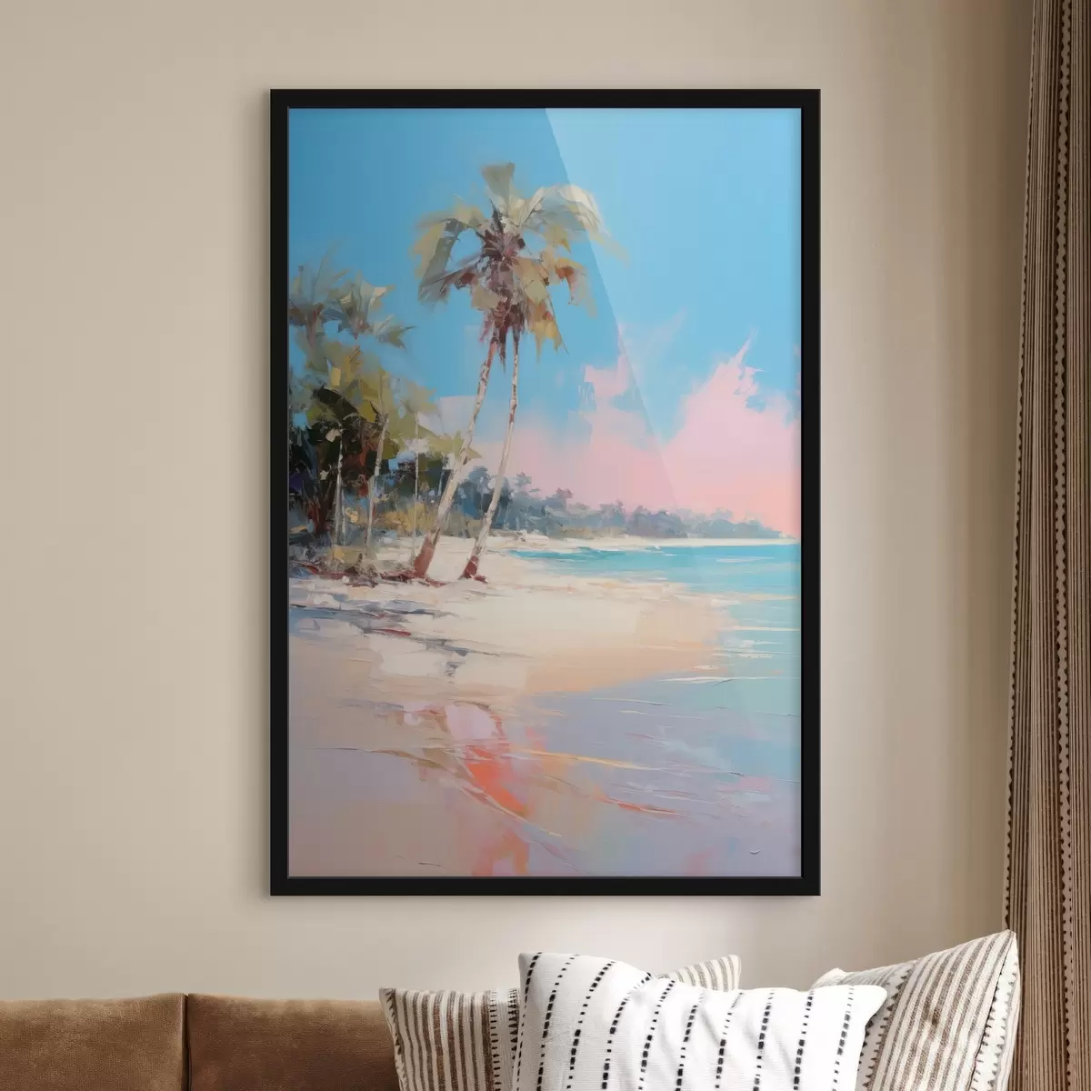 Poster Abstract tropisch strand met wit zand en palmbomen, blauwe lucht met witte wolken f46285
