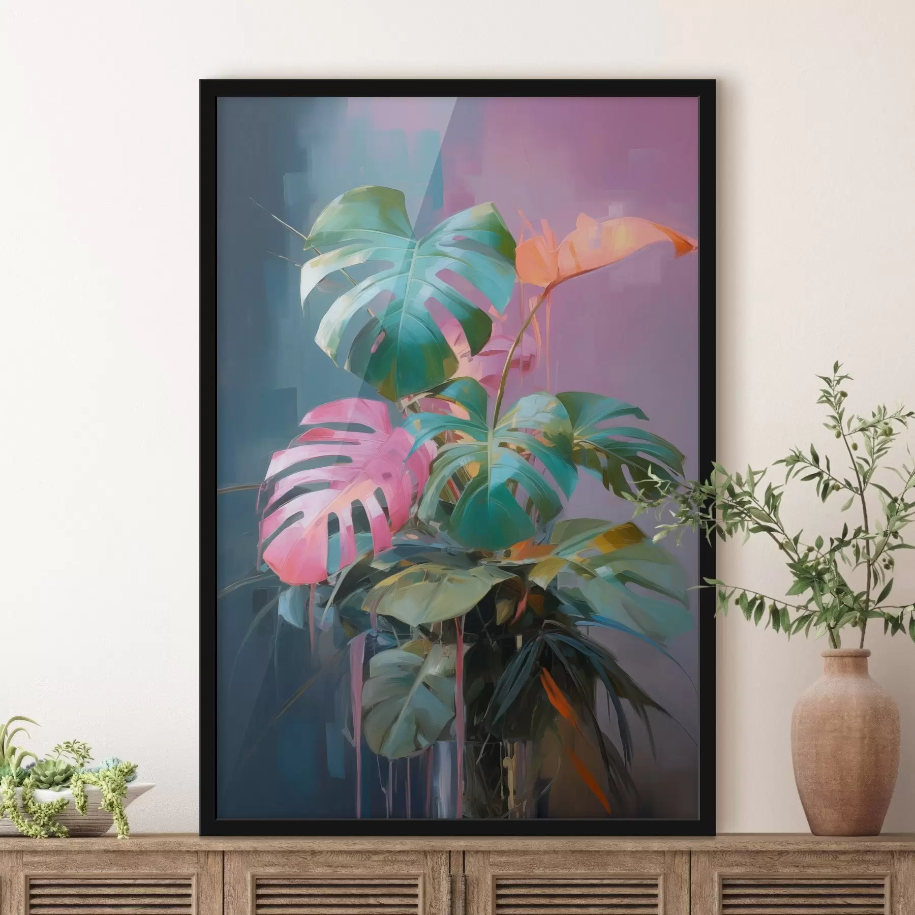 Fotobehang Abstracte monstera-plant met roze en groene bladeren, levendige kleuren, tegen een wazige achtergrond f46287
