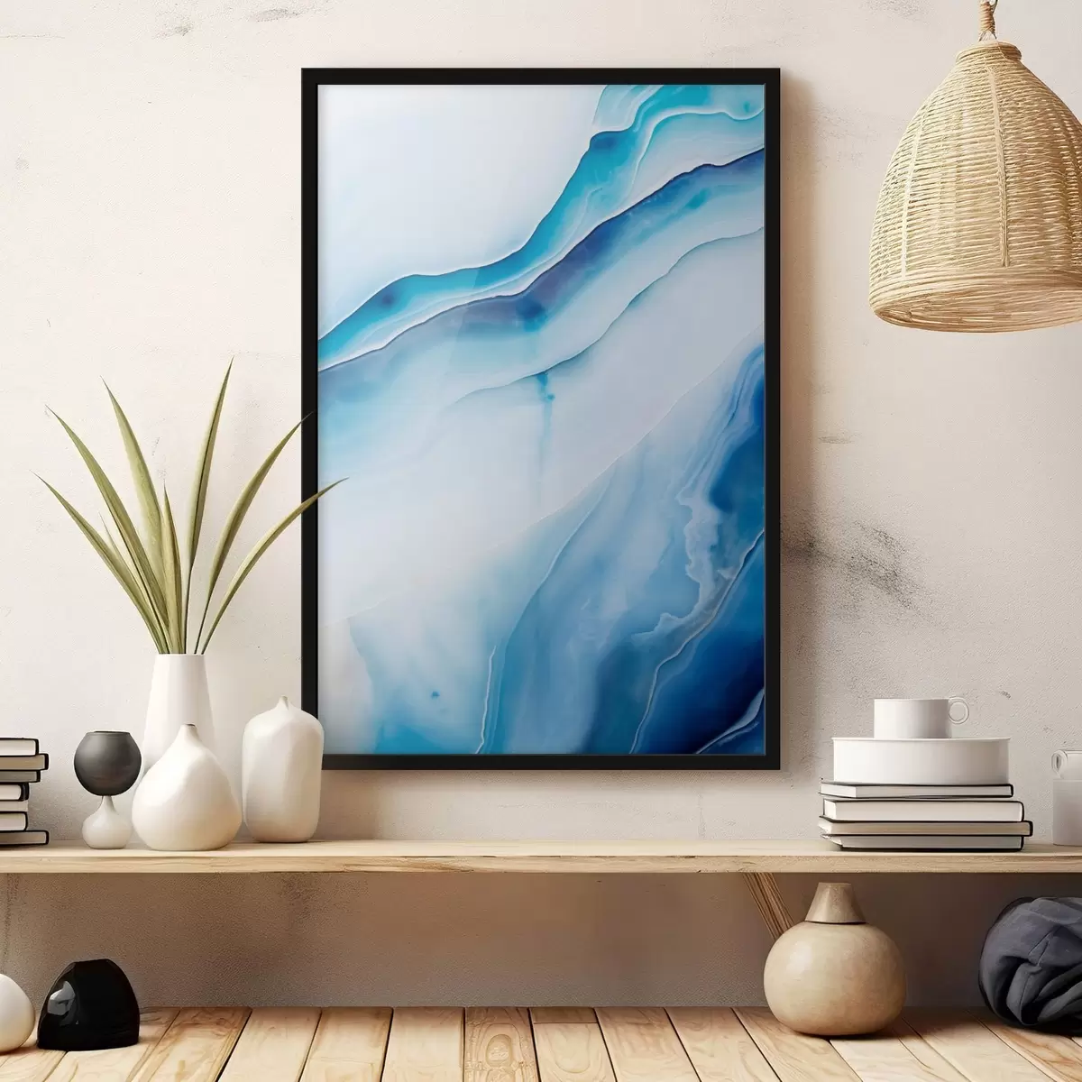 Poster Abstracte blauw-witte agaatprint, wervelende lijnen en kleurverlopen, gladde textuur, moderne kunst, minimalistisch f46291