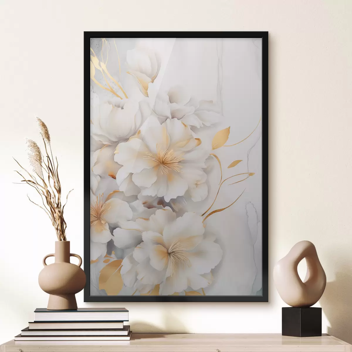 Poster Witte bloemen met gele details, bloemblaadjes met subtiele schaduwen, lichte achtergrond met subtiel marmereffect f46292