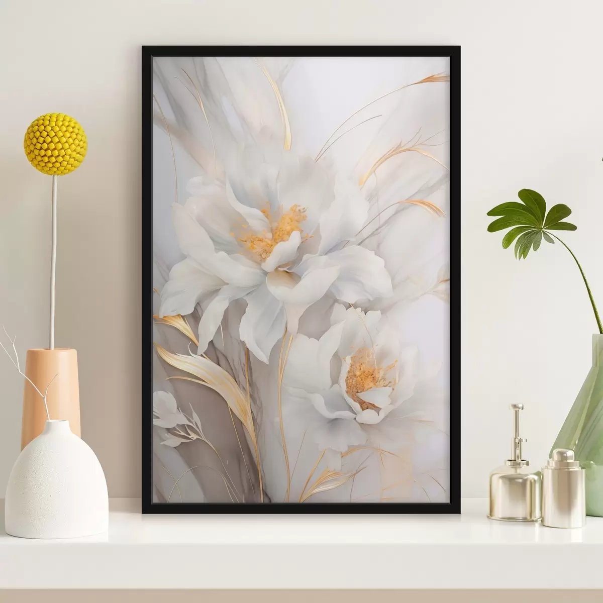 Poster Witte bloemen met gele stampers en stelen, delicate bloemblaadjes, elegante compositie, neutrale achtergrond f46293
