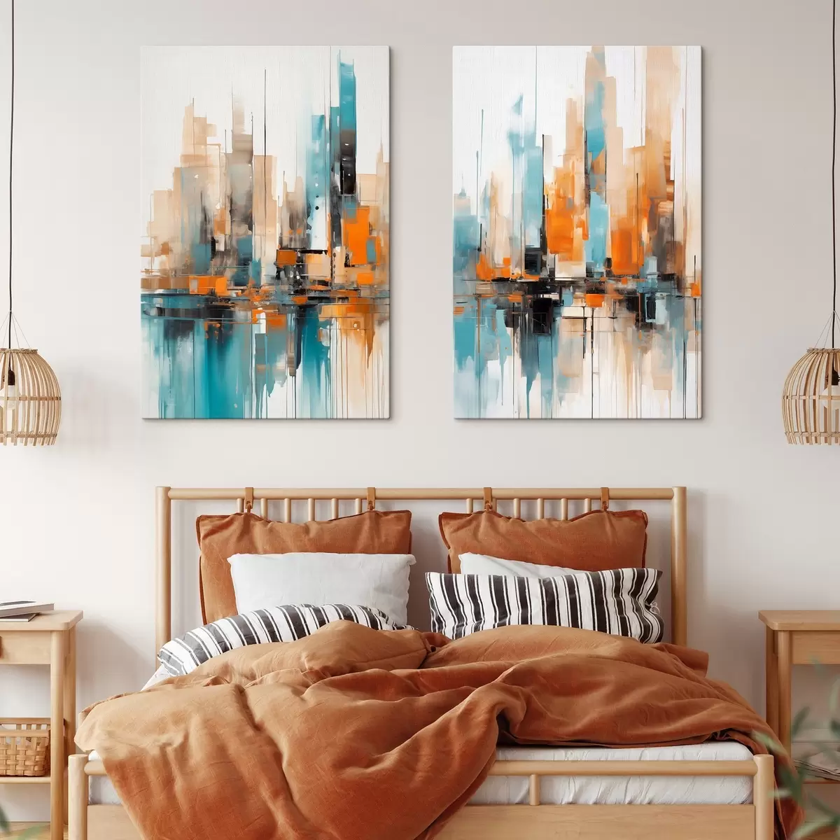  Schilderijen Abstract stadsgezicht met verticale penseelstreken in tinten oranje, blauw en wit, schilderstijl m00876