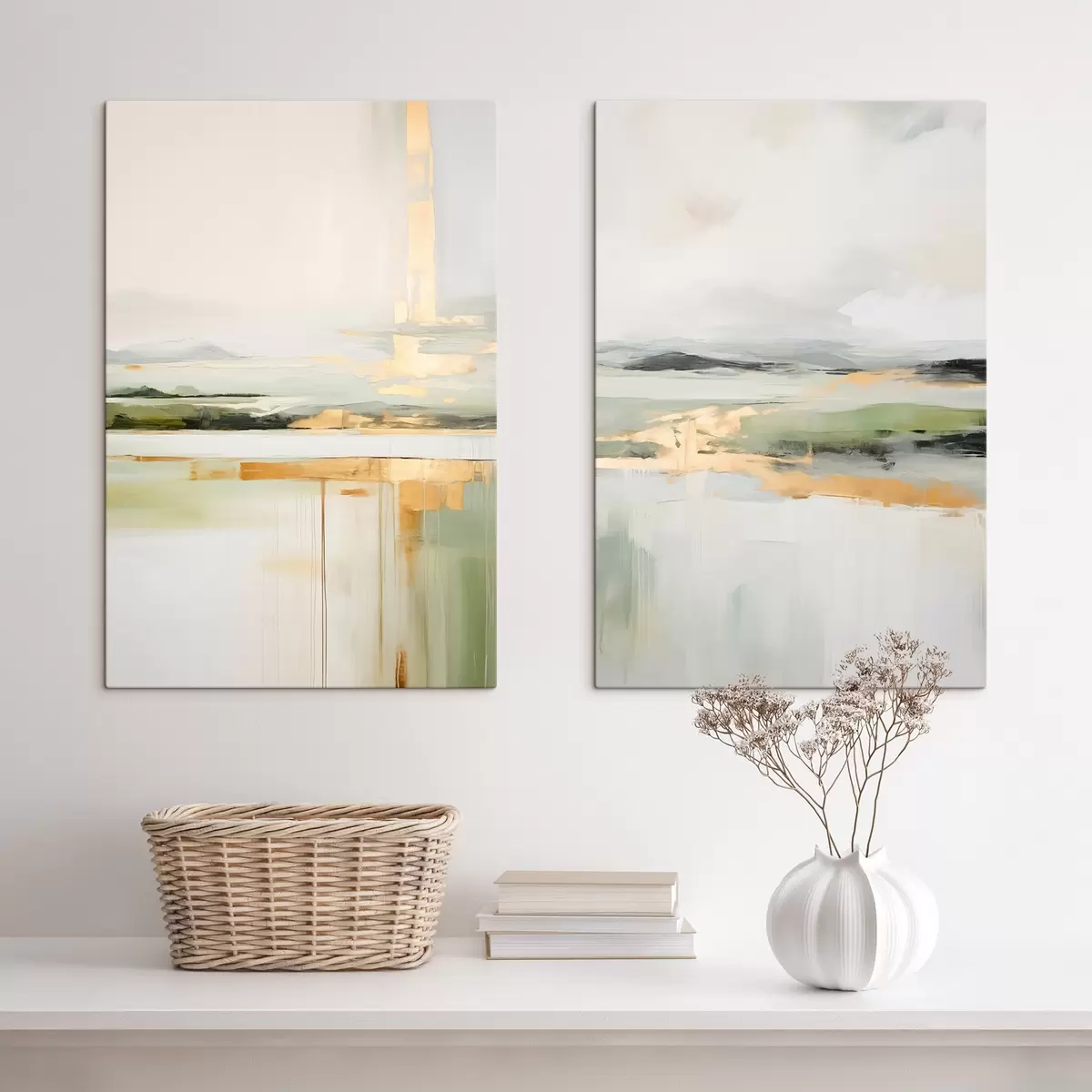  Schilderijen Abstract landschap met gele accenten, een minimalistische compositie van land, water en lucht, met gedempte kleuren m00877