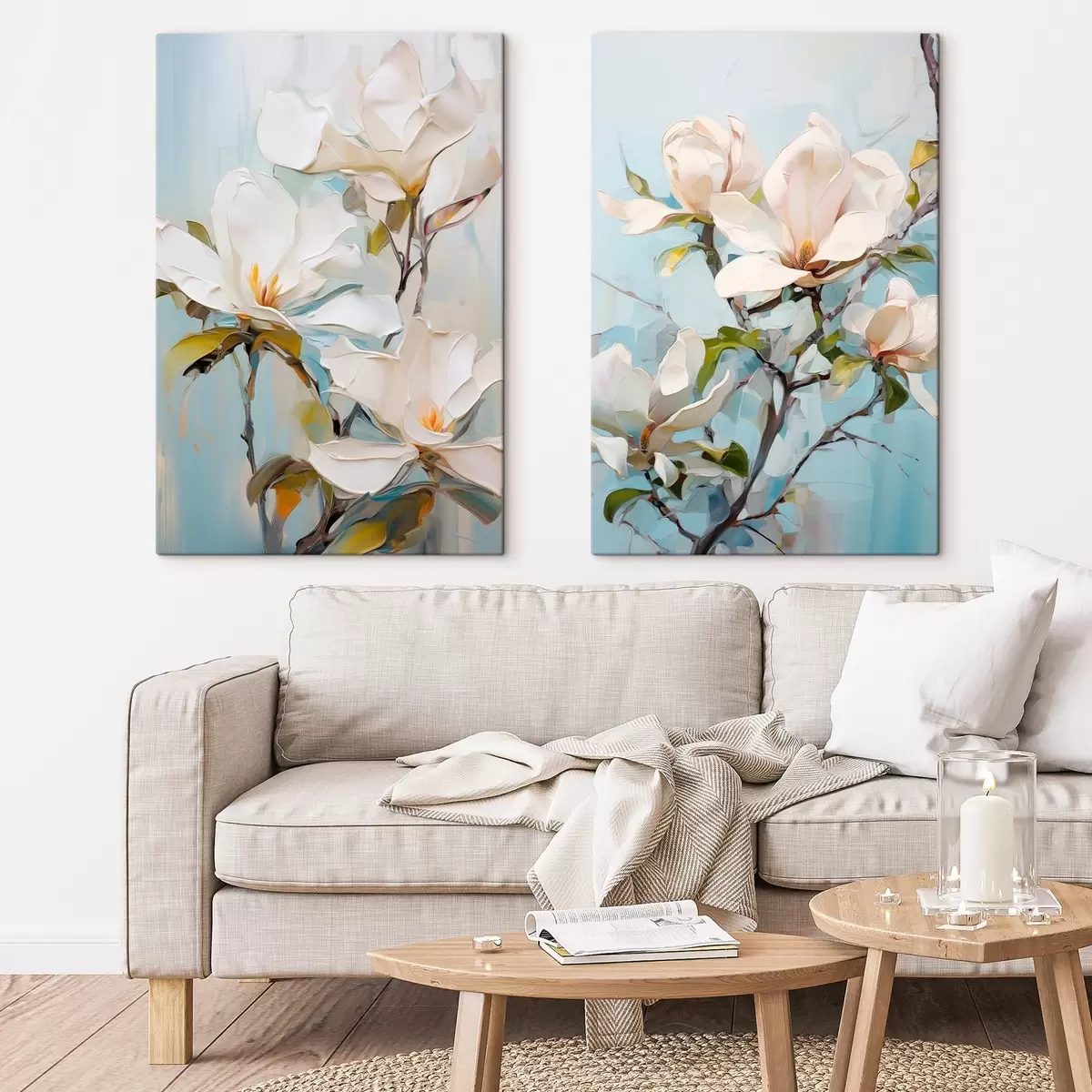  Schilderijen Witte magnoliabloemen, lichtblauwe achtergrond met zachte penseelstreken, olieverfstijl, impasto-textuur m00881