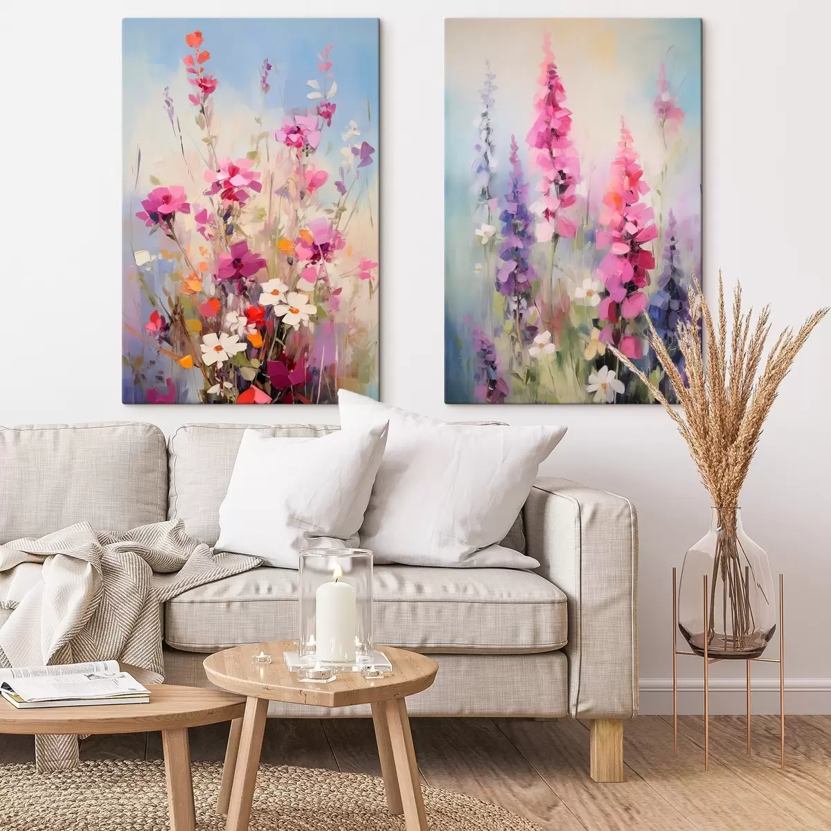  Schilderijen Levendige bloemen met witte madeliefjes in een veld, zachte penseelstreken, pastelkleuren, impressionistische stijl m00882