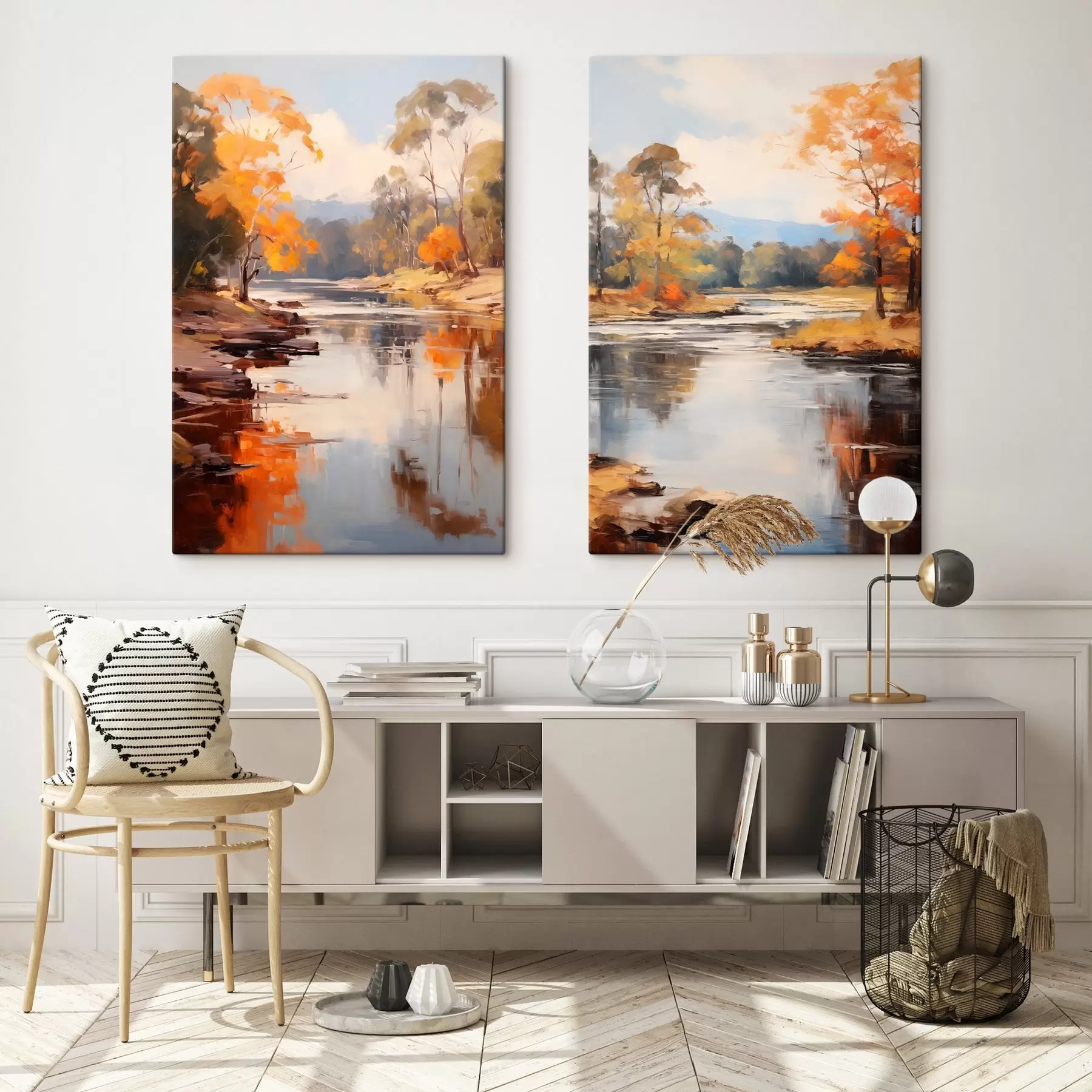  Schilderijen Herfstlandschap, rivier met bomen aan de oever, bos op de achtergrond, weerspiegelingen op het water m00883