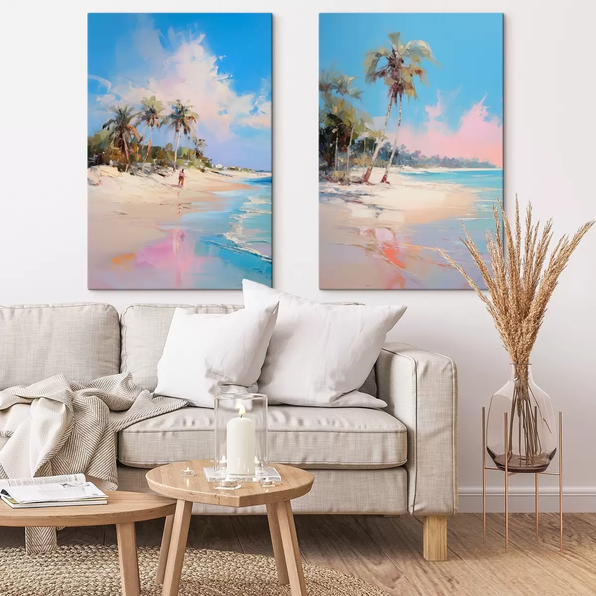  Schilderijen Abstract landschap, een strand met palmbomen, heldere zonnige dag met een blauwe lucht en enkele wolken m00885