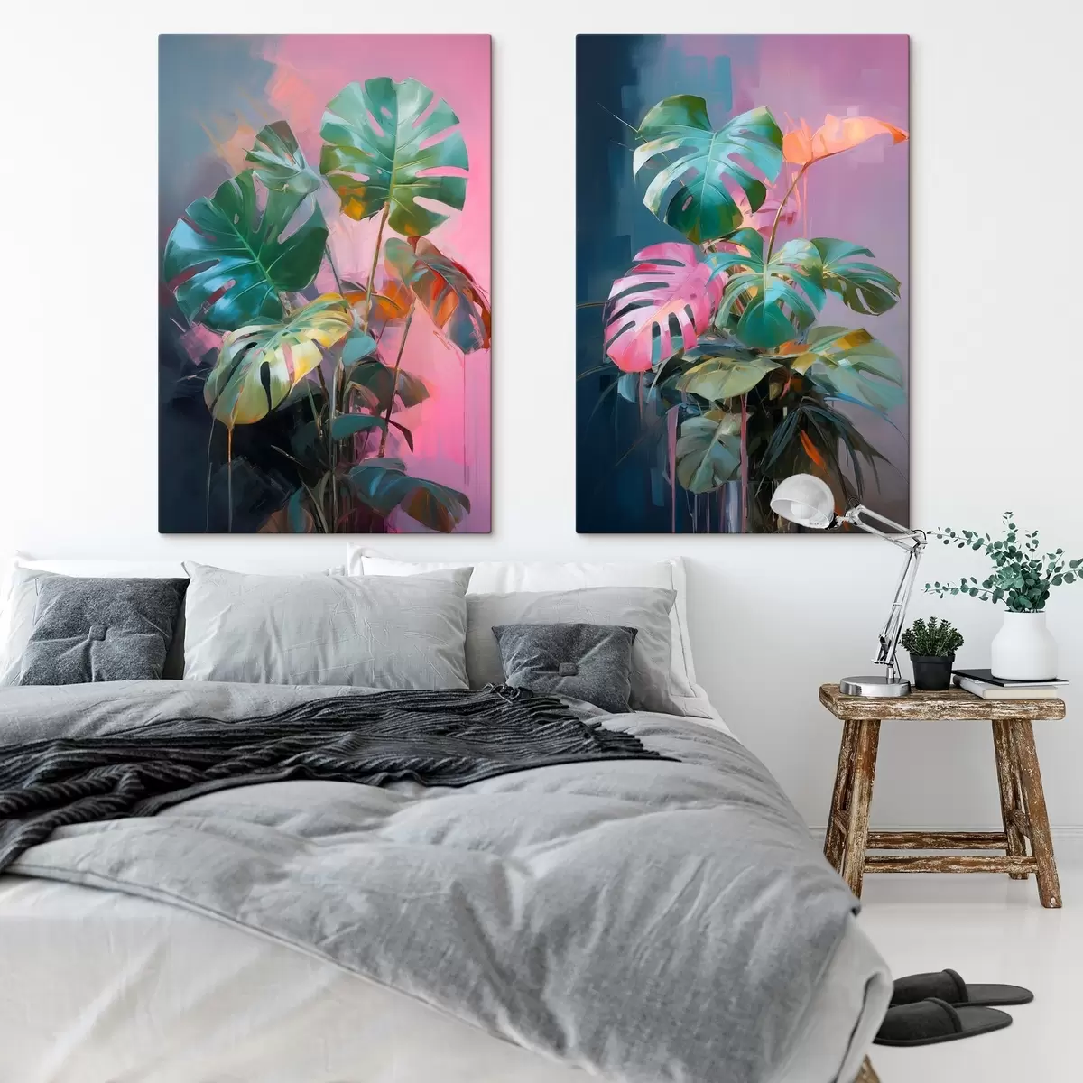  Schilderijen Abstracte monstera-plant met levendig groene bladeren, tegen een achtergrond van zachte roze en paarse tinten m00886