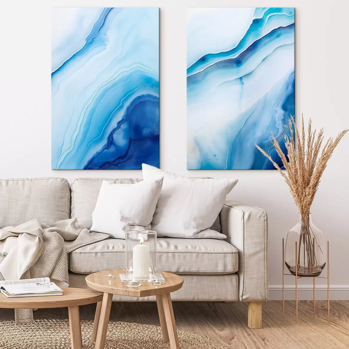  Schilderijen Abstracte blauw-witte agaatprint, wervelende lijnen en kleurverlopen, gladde textuur, moderne kunst, minimalistisch m00888