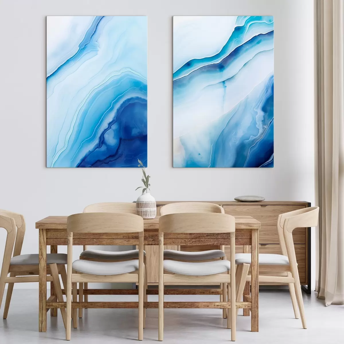  Schilderijen Abstracte blauw-witte agaatprint, wervelende lijnen en kleurverlopen, gladde textuur, moderne kunst, minimalistisch m00888