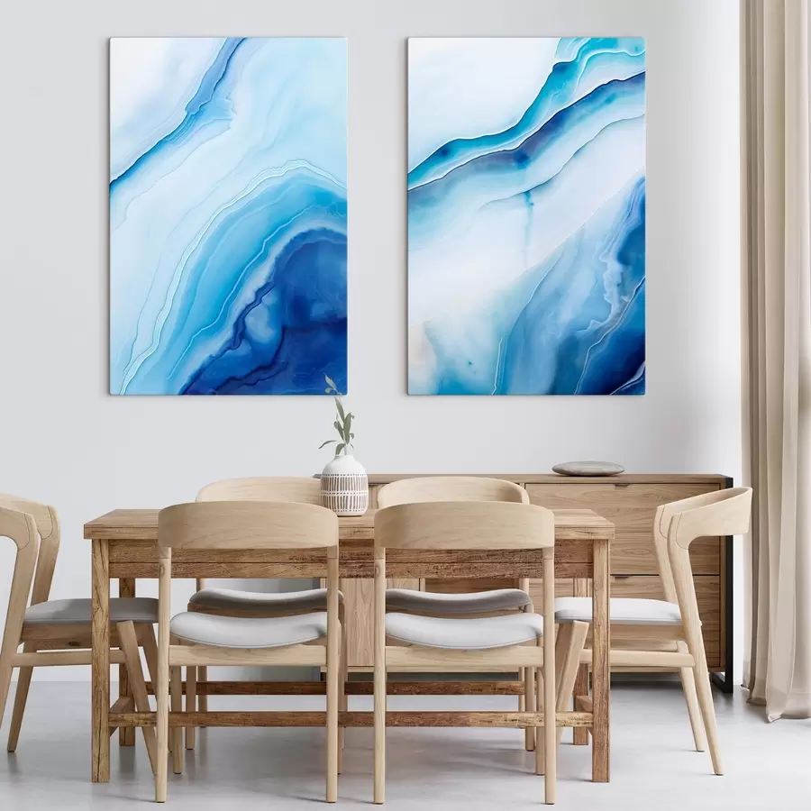  Schilderijen Abstracte blauw-witte agaatprint, wervelende lijnen en kleurverlopen, gladde textuur, moderne kunst, minimalistisch m00888