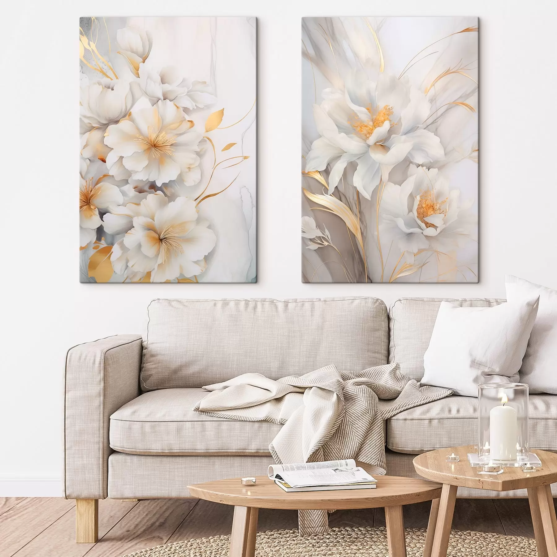  Schilderijen Witte bloemen met gele details, bloemblaadjes met subtiele schaduwen, lichte achtergrond met subtiel marmereffect m00889