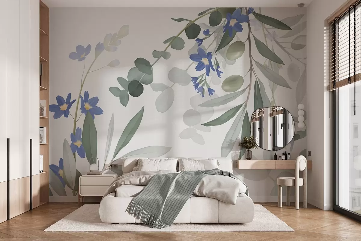 Fotobehang Eucalyptustakken en bloemen w04821
