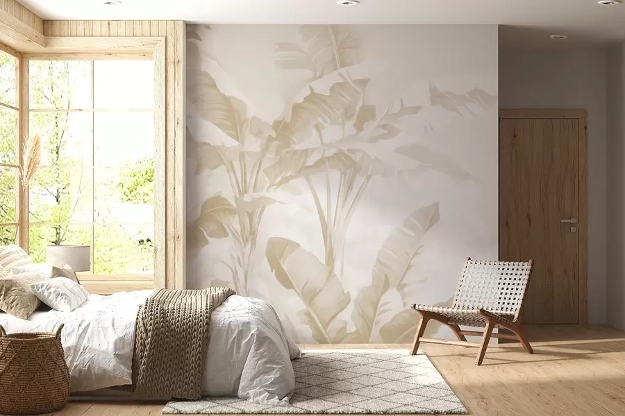 Fotobehang Tropische bananenbladeren in zachte beige tinten w09311v2
