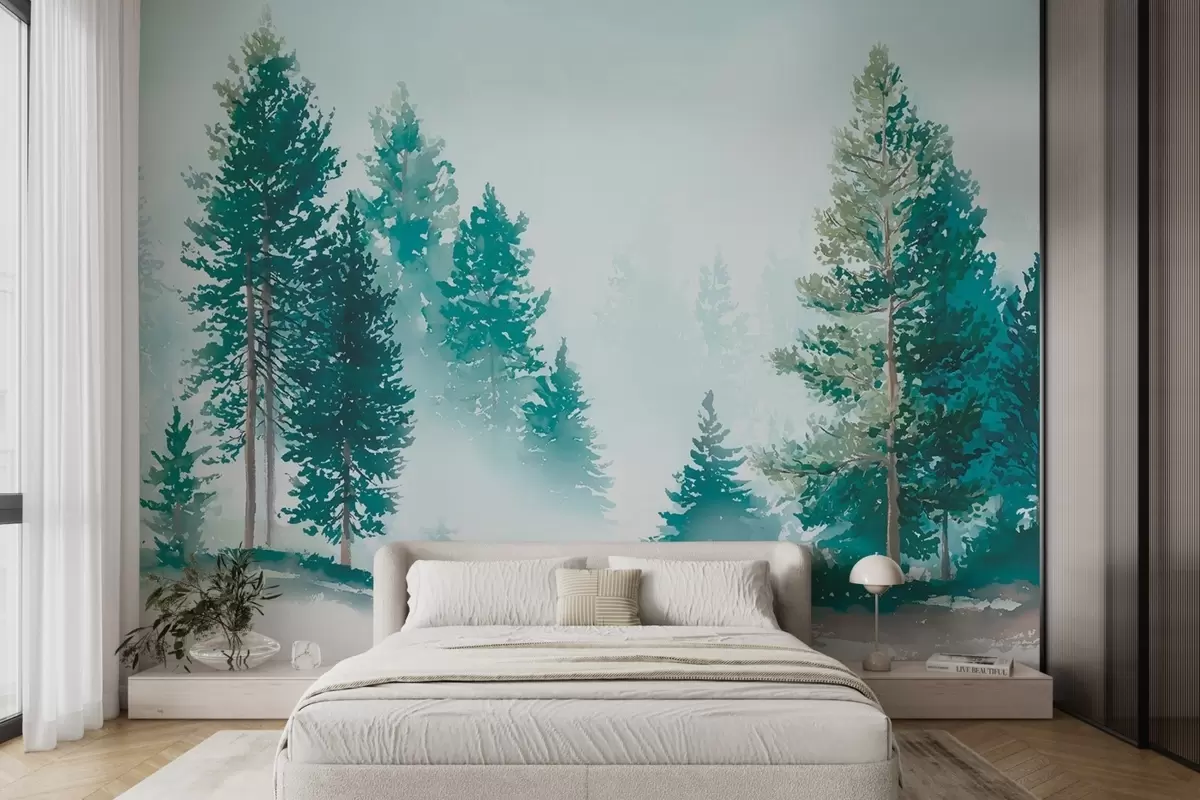 Fotobehang Mistig dennenbos in aquarelstijl w09444 kopen - Uwalls.nl Fotobehang Mistig dennenbos in aquarelstijl w09444