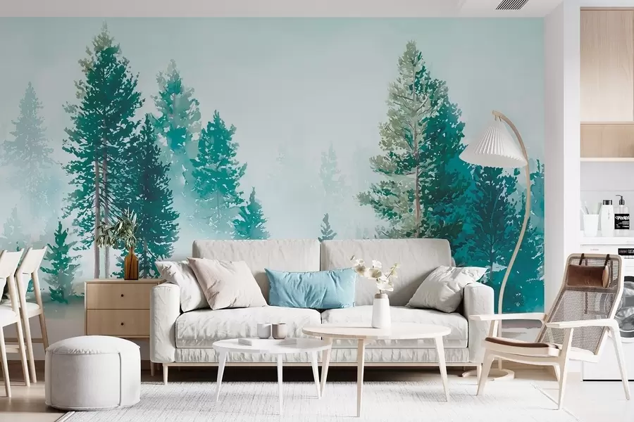Fotobehang Mistig dennenbos in aquarelstijl w09444