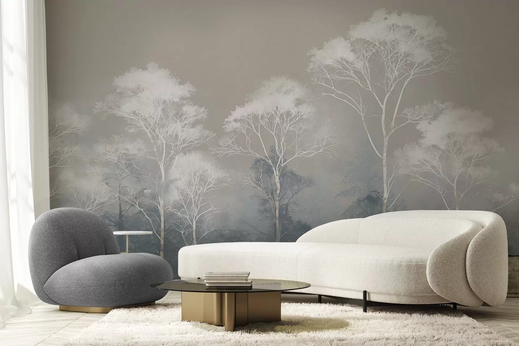 Fotobehang Minimalistische bomen in blauwgrijs palet, in mist w09448