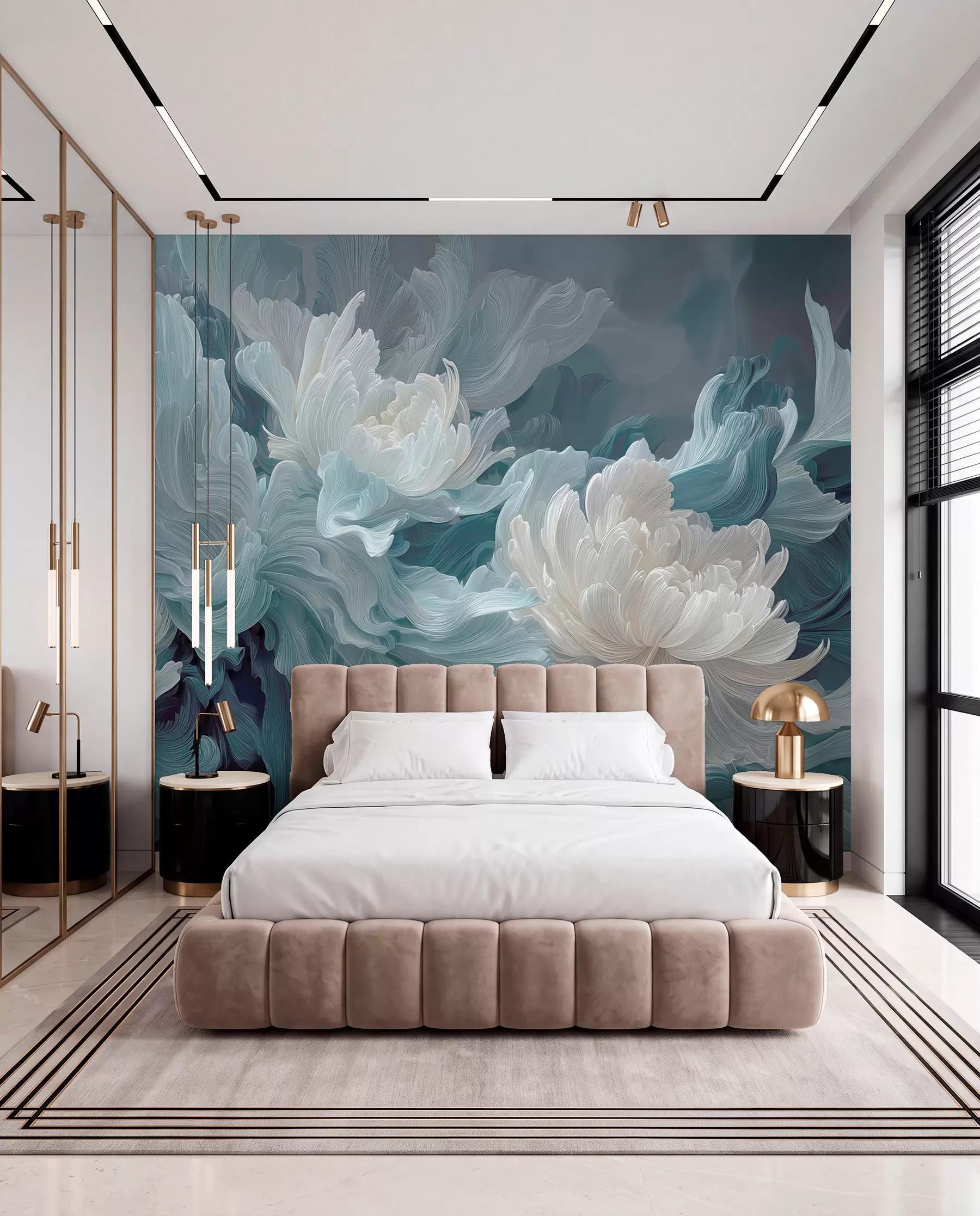 Fotobehang Abstracte bloemen in blauwe en turquoise tinten w09452