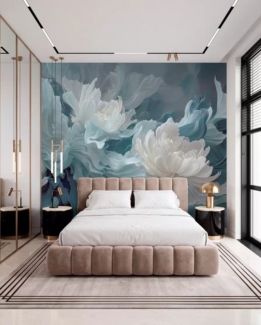 Fotobehang Abstracte bloemen in blauwe en turquoise tinten w09452