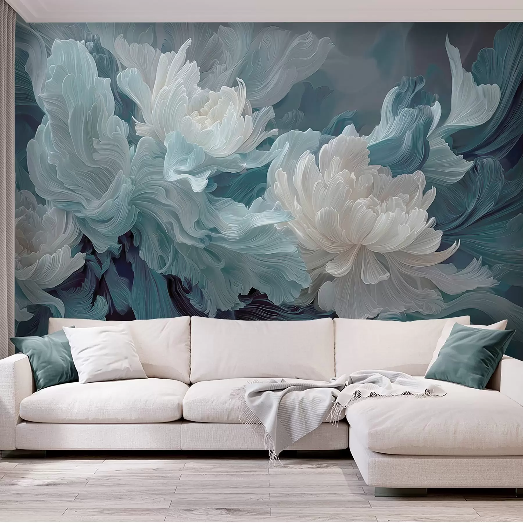 Fotobehang Abstracte bloemen in blauwe en turquoise tinten w09452
