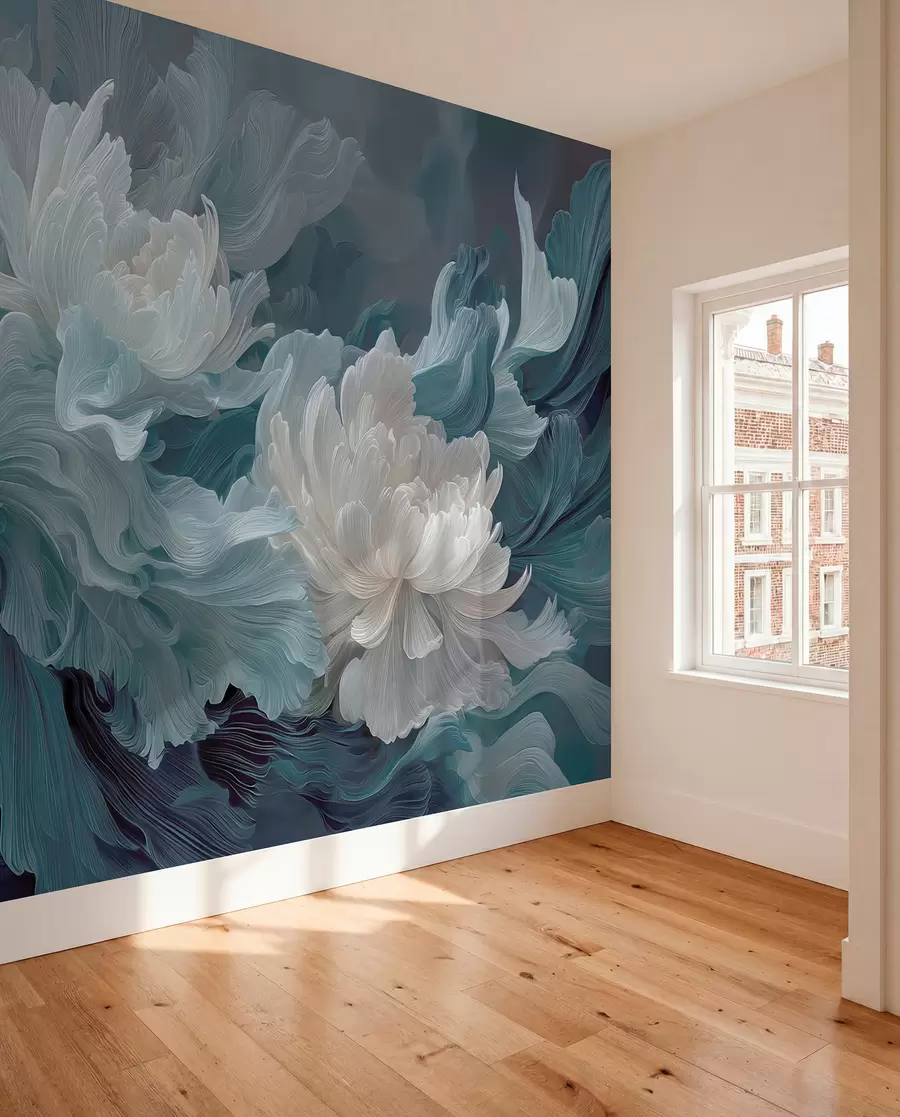 Fotobehang Abstracte bloemen in blauwe en turquoise tinten w09452