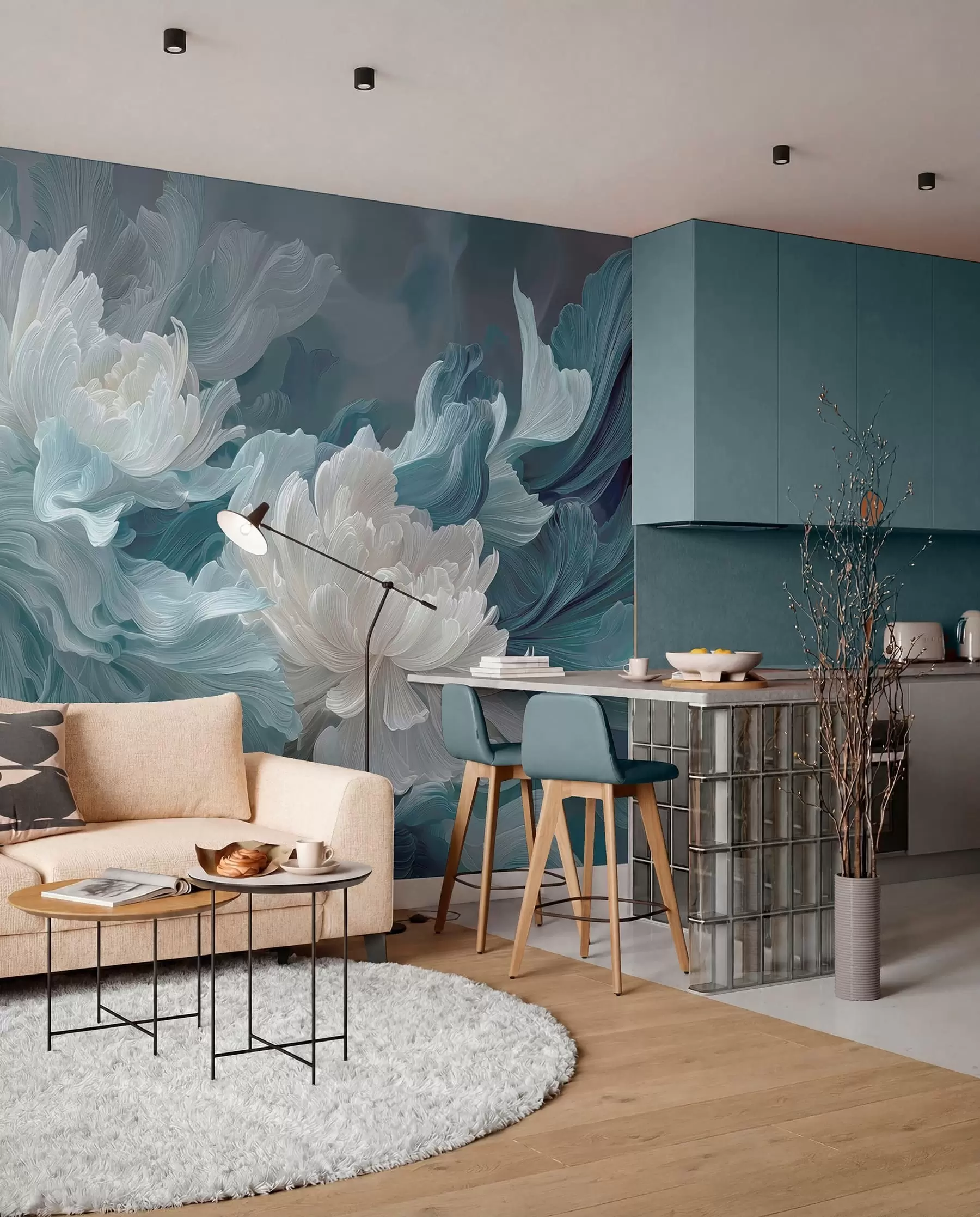 Fotobehang Abstracte bloemen in blauwe en turquoise tinten w09452
