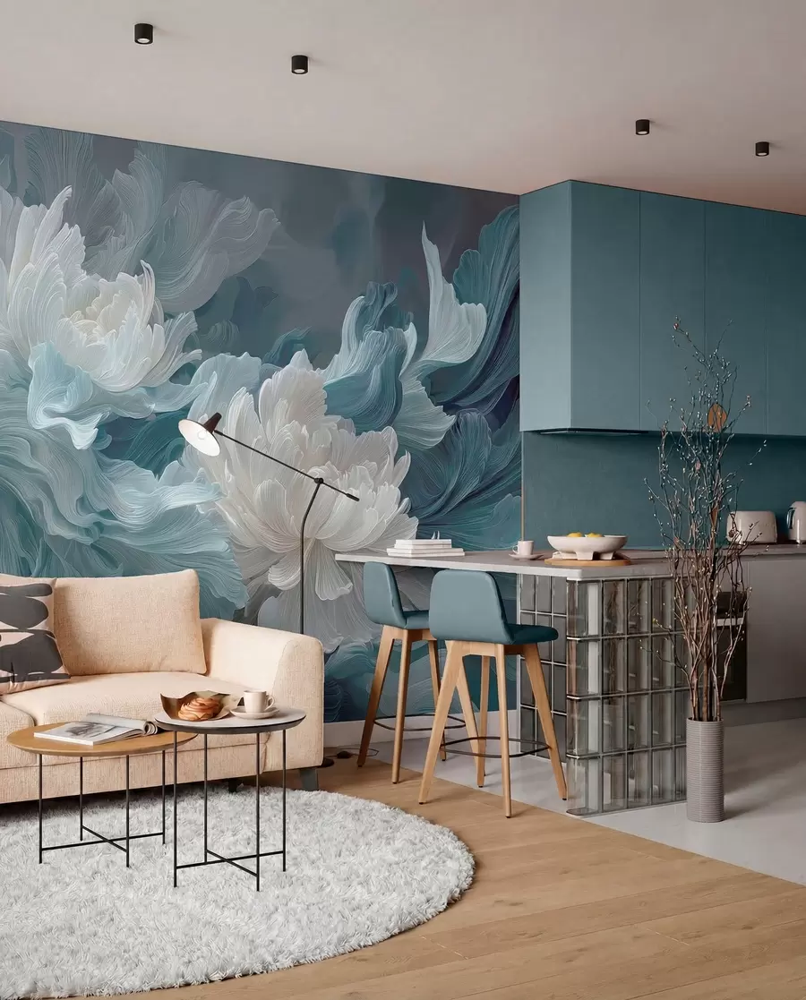 Fotobehang Abstracte bloemen in blauwe en turquoise tinten w09452