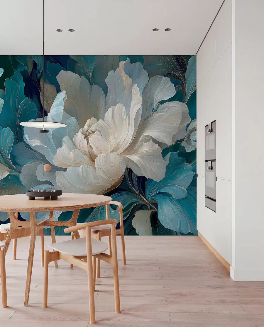 Fotobehang Delicate volumetrische pioenroos in een koel kleurenpalet w09456