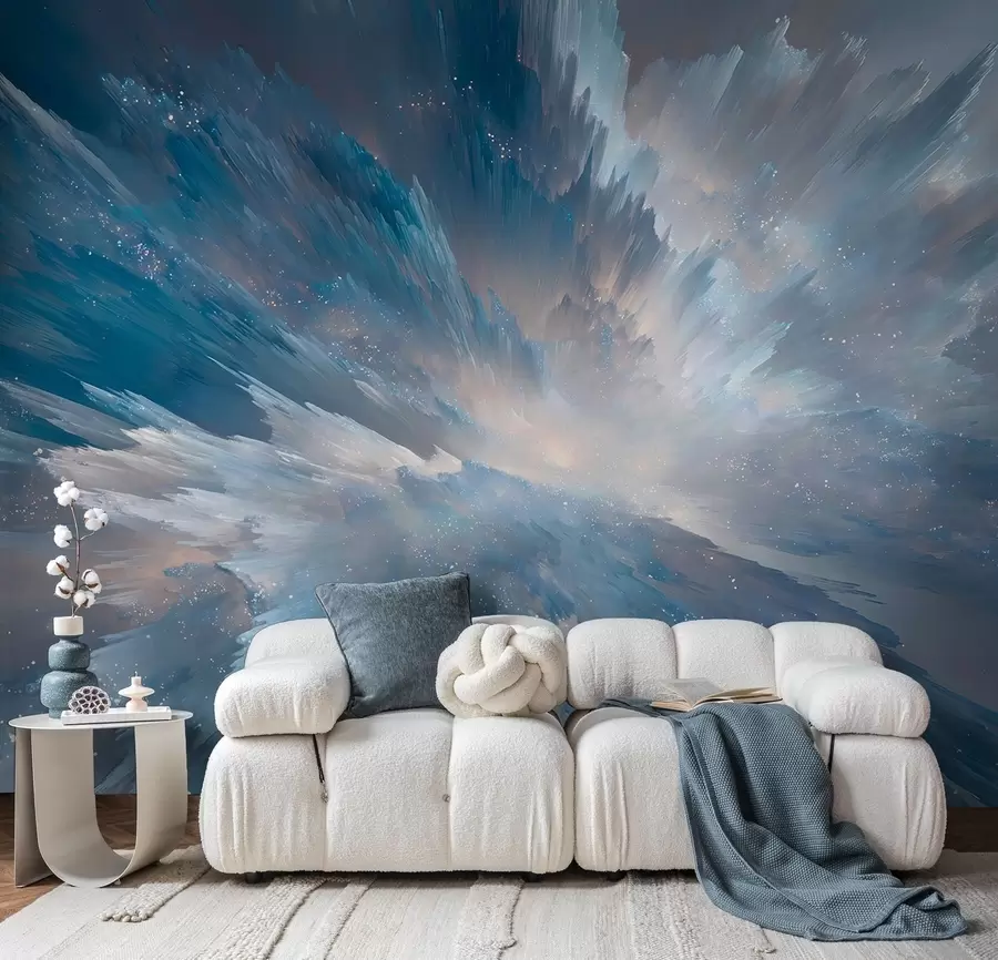 Fotobehang Abstracte kosmische hemelgloed in ijzige blauwe tinten w09461