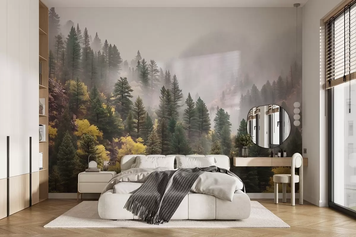 Fotobehang Sfeervol mistig dennenbos in de bergen w09463 kopen - Uwalls.nl Fotobehang Sfeervol mistig dennenbos in de bergen w09463